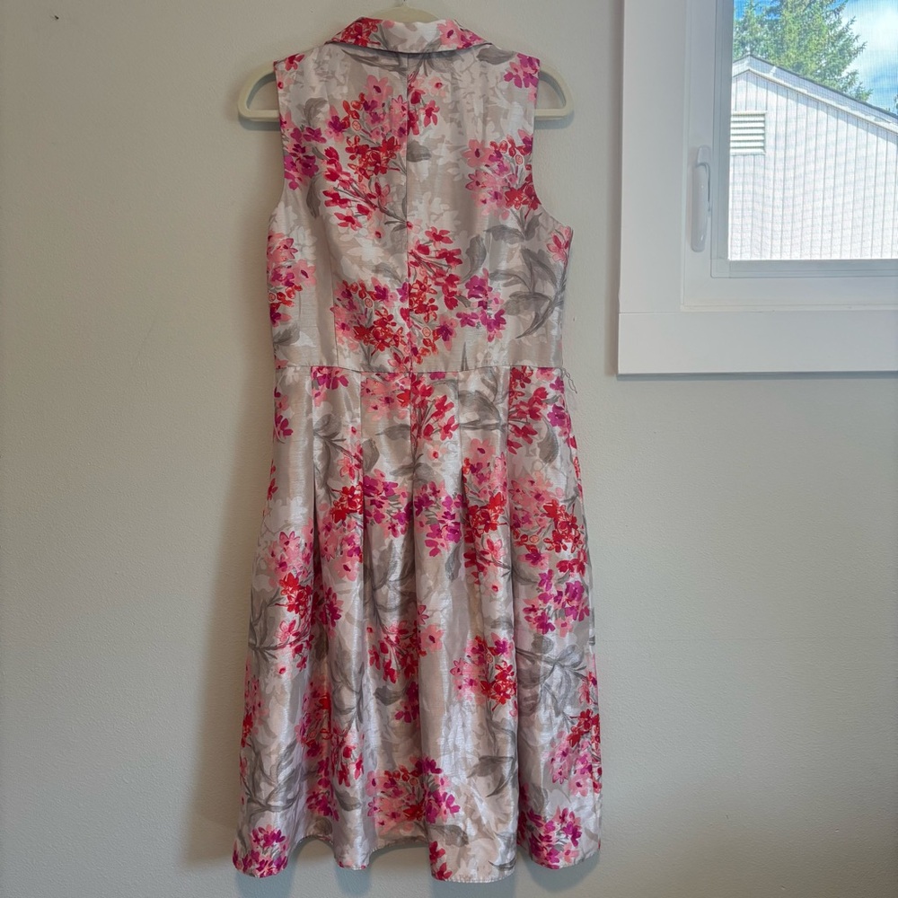 Jessica Howard Silver Pink Floral Faux Wrap V Neck Midi Dress Sleeveless 10 - Picture 2 of 15